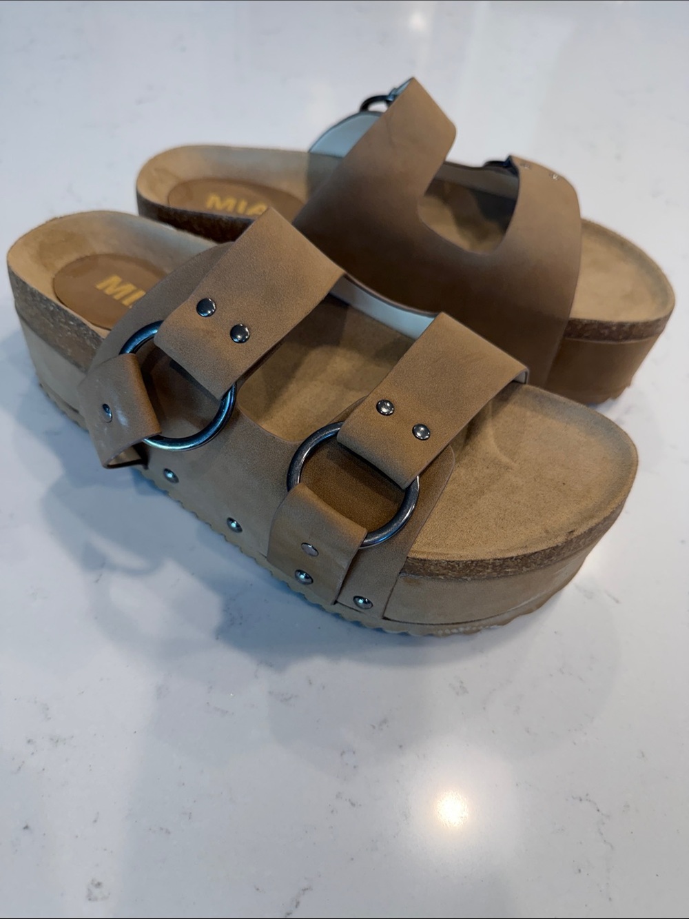 MIA Tan Double-Buckle Platform Slide Sandals